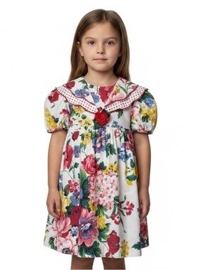VTG 80s Rare Editions Little Girls SZ 6 Dress Puff Sleeve Prairie Floral Collar